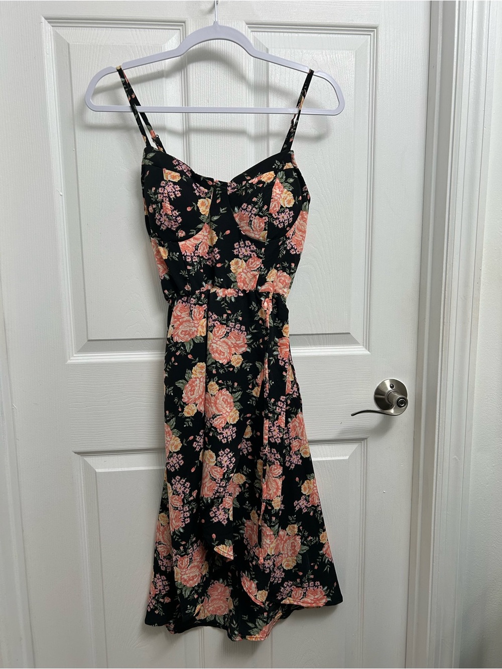 Lily Rose Black Midi Dress with Peach Floral Print